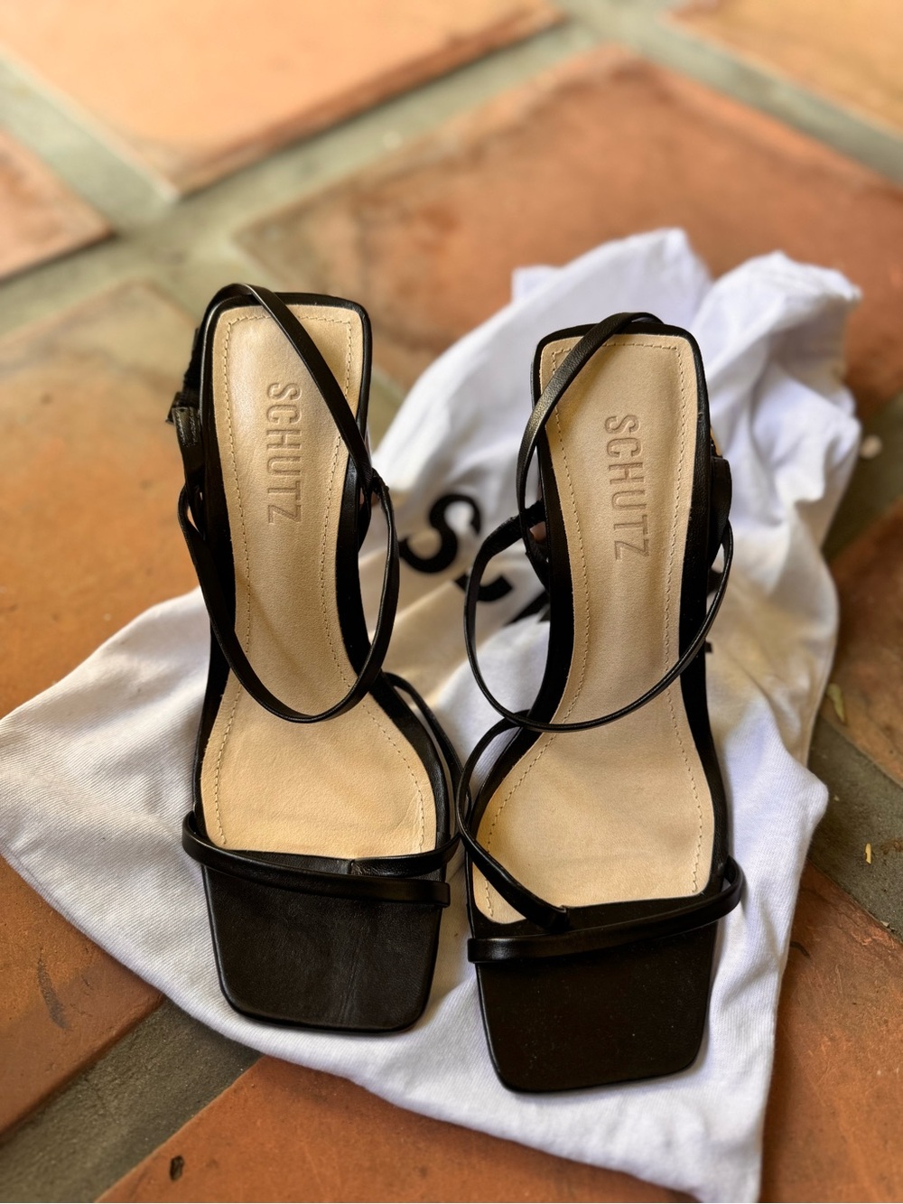 SCHUTZ Black Leather Strappy Wedge Sandals